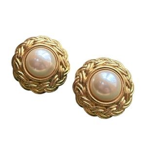 Christian Dior Vintage Faux Pearl Gold Clip On Earrings